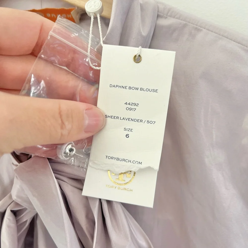 Tory Burch Daphne Bow Blouse In Sheer Lavender Light Purple Size 6 NWT‎